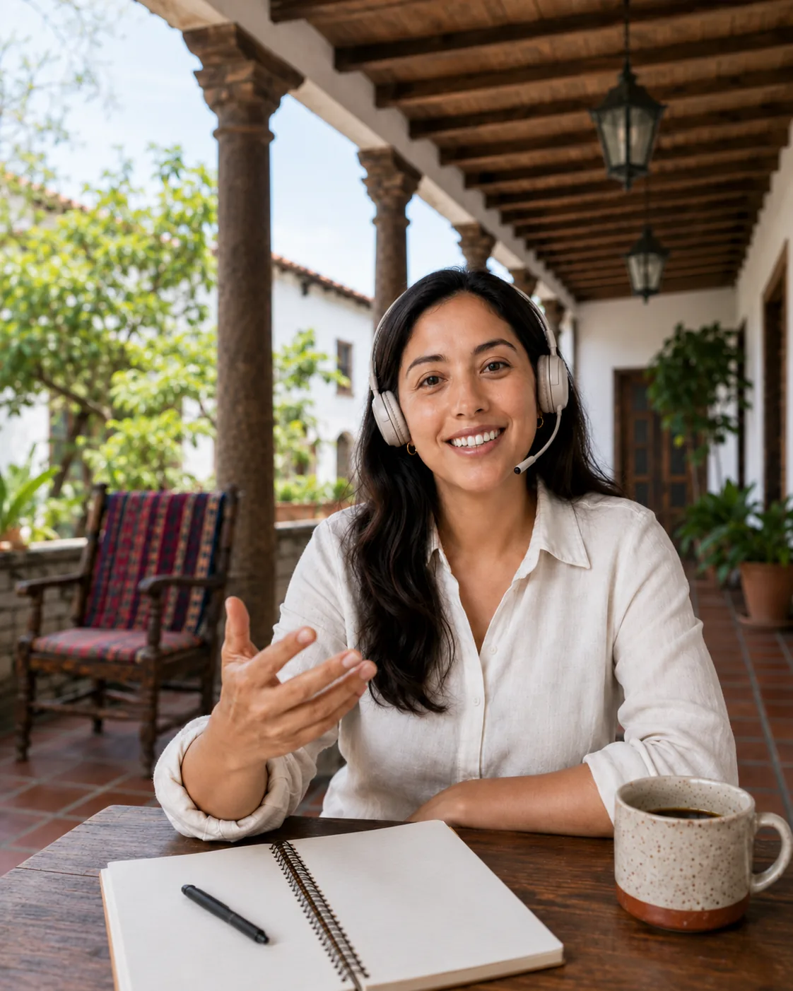 A young Guatemalan Spanish teacher wearing a headset, smiling and speaking during a 1-on-1 online lesson on a sunlit Antigua patio