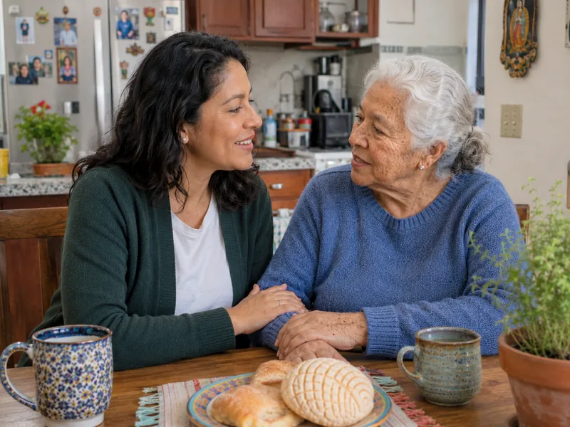 A learner speaking Spanish with her grandmother at the family table