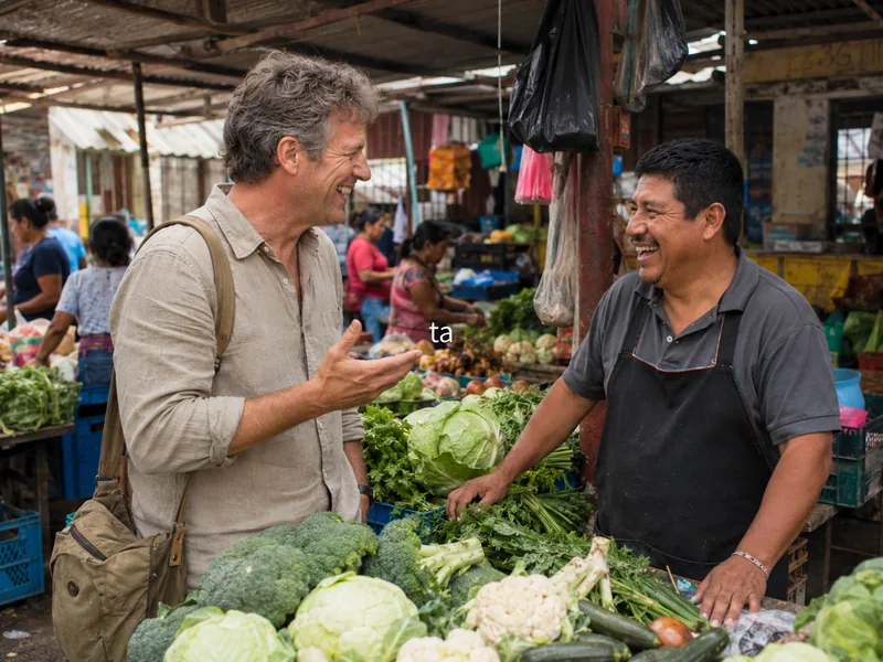 A traveler speaking Spanish with a local in Latin America